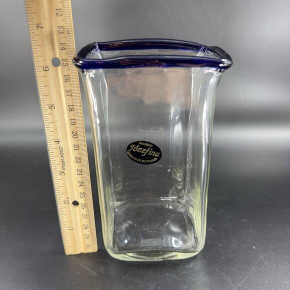 Krosno Jozefina Hand Blown Glass Vase Made In Poland Clear Cobalt Blue Edges VTG - Picture 4 of 16